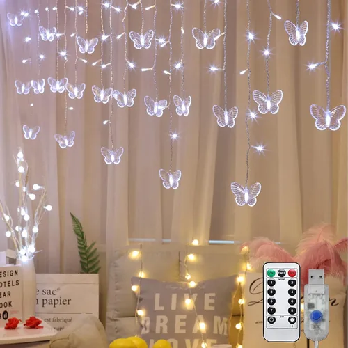Vista 8 de Luces de Cortina de Mariposas, 4.9 pies, 48 Luces de Hadas LED USB para Ventana, 10 Mariposas, 8 Modos, Luces de Cadena con Parpadeo de Luciérnaga
