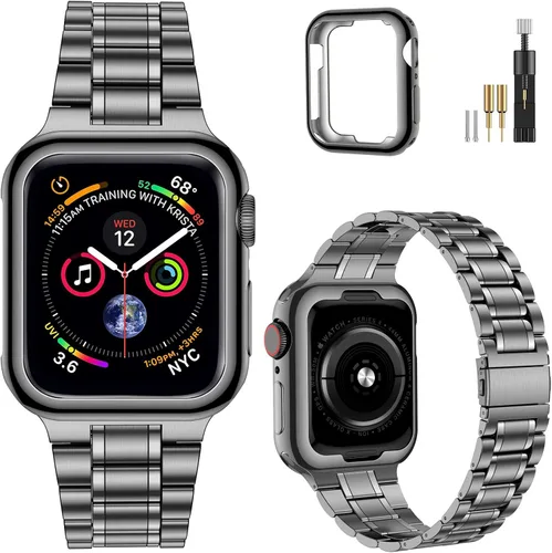 Vista 11 de MioHHR - Correas sólidas de acero inoxidable compatibles con Apple Watch de 38 mm, 40 mm, 41 mm, correa de metal con estuche suave de TPU para Negro