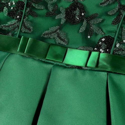 Vista 5 de Vestido de niña hasta la rodilla, hombros inclinados, dama de honor, boda, princesa, lazo para niños, fiesta de cumpleaños
