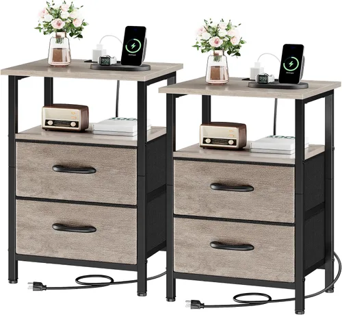 Vista 18 de Vagusicc Nightstand with Charging Station, End Table Bedside Table with 2 Fabric Drawers, Black Night Stand with USB Ports & Outlets, 24.2" Tall Bed