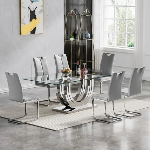 Vista 20 de Juego de mesa de comedor de cristal dorado moderno de 70 pulgadas para 4, juego de mesa rectangular de 5 piezas con base de acero en forma de anillo