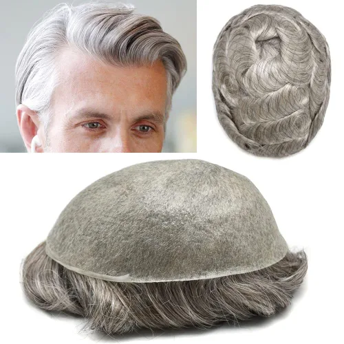 Vista 10 de Cabello humano para hombres, tupé, piezas de cabello humano europeo, todas las piezas de cabello con bucle en V, 0.002 in, piel fina, sistemas