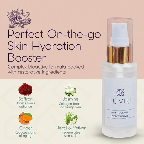 Vista 4 de LUVIH Bruma facial luminosa con velo con agua de rosas, azafrán, jazmín y neroli - Bruma facial hidratante y calmante para un cuidado de la piel