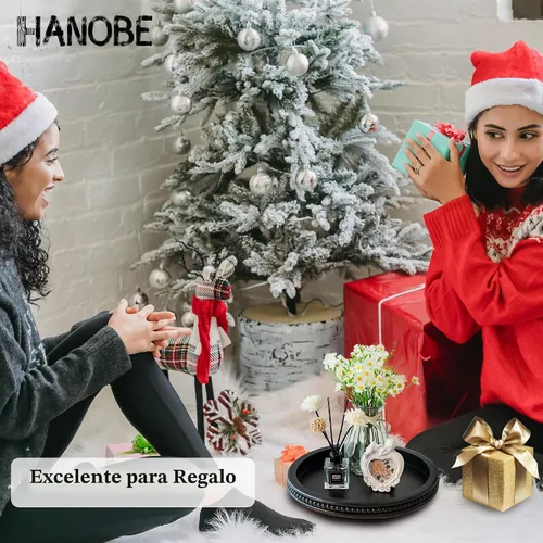 Vista 8 de Hanobe Bandeja decorativa negra para mesa de café, redonda, borde con cuentas 11.8-inch wood tray for living room, kitchen counter, or entryway