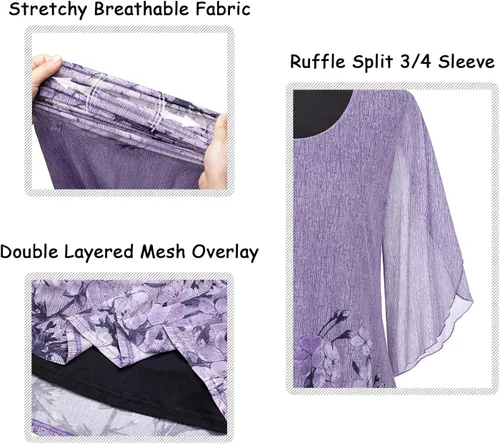 Vista 5 de Ninedaily Blusas de manga 34 para mujer, estilo casual, de doble capa, de malla, tipo túnica