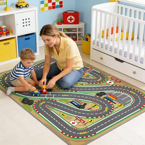 Vista 4 de Alfombra de juego para niños de 31 x 47 pulgadas, suave y antideslizante, alfombra de coche de mapa, alfombra para niños, autos de juguete, pista