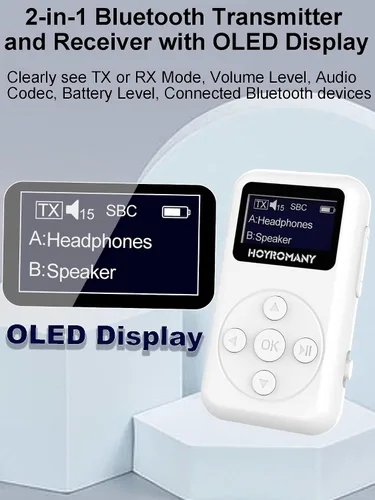 Vista 2 de Receptor transmisor Bluetooth 2 en 1 con pantalla OLED, chip AptX de baja latencia 5.3, adaptador Bluetooth de audio inalámbrico para auriculares