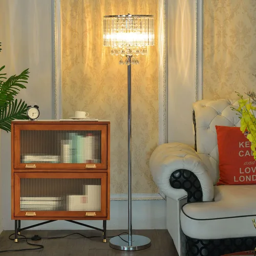 Vista 3 de beaysyty Modern Elegance - Lámpara de pie de cristal, interruptor de pie de encendido/apagado, 3 luces de cristal y cristal, lámpara de esquina