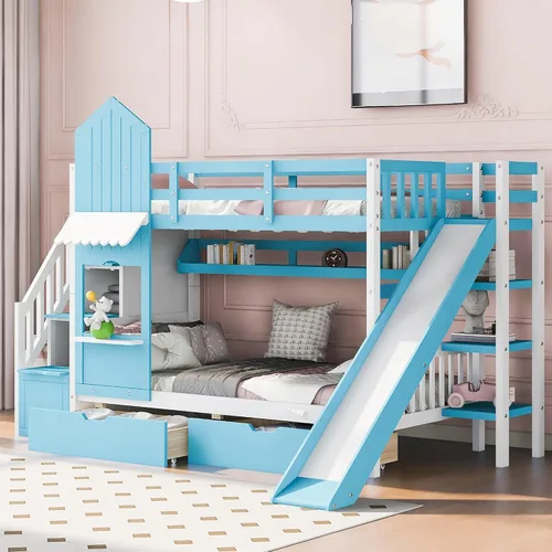 Vista 19 de Cama de Casa Tamaño Twin con Elegantes Ventanas y Estantería, Marco de Litera con Diseño de Castillo de Madera con Barandillas de Seguridad