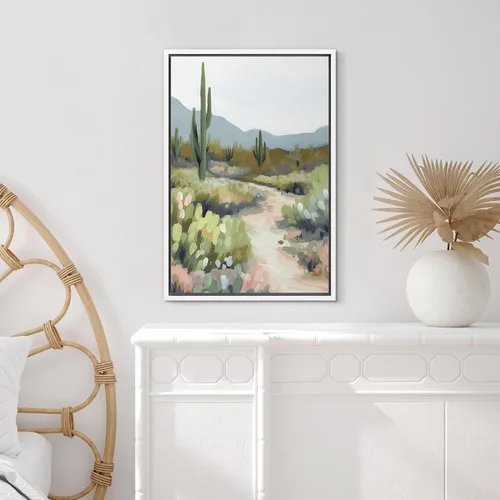 Vista 4 de SIGNFORD Lienzo enmarcado para pared, camino del desierto con cactus, naturaleza silvestre, ilustraciones modernas, arte decorativo, rústico