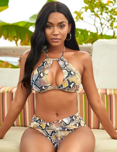 Vista 4 de NAFLEAP Traje de baño brasileño halter de 2 piezas para mujer, corte de cuello alto, parte superior de bikini con control de abdomen y ojo