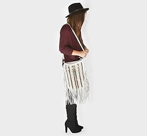Vista 3 de Bolso Boho Cuadrado L Cuero Real Monedero Fringe Bolsos Bohemios