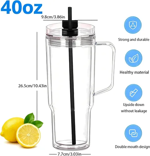 Vista 2 de Vasos de plástico de 40 onzas con asa, tapa de rosca con popote incluido, botella de agua reutilizable de doble pared a prueba de fugas, taza
