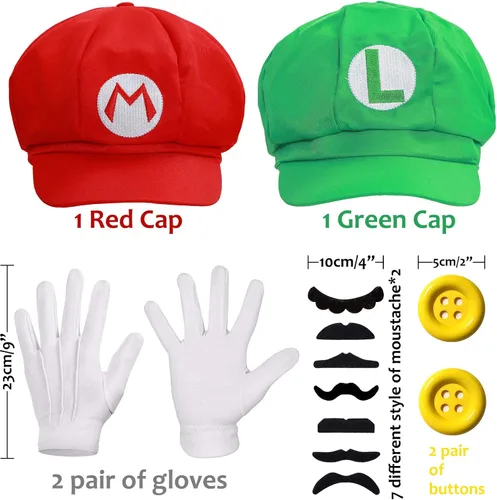 Vista 2 de Humairc Super Bros Mari and Luigi Hats Caps Mustaches Gloves Buttons Cosplay Costume
