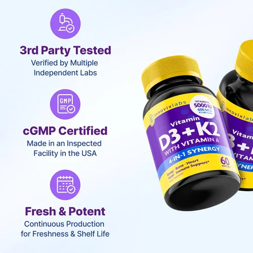 Vista 4 de InnovixLabs Vitamina D3 K2-5000 IU Vitamina D3 Plus 600 mcg Vitamina K2 MK4 y MK7 para la máxima absorción de calcio, apoya la salud ósea, inmune