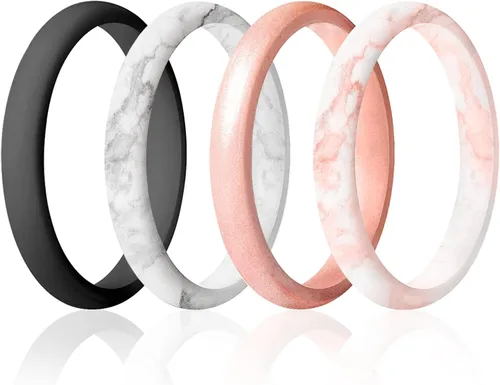 Vista 6 de ROQ - Anillo de boda de silicona para mujer, delgado apilable, bisel en forma de cuchillo, 2.5 mm de ancho, 2 mm de grosor, negro, mármol Blanco