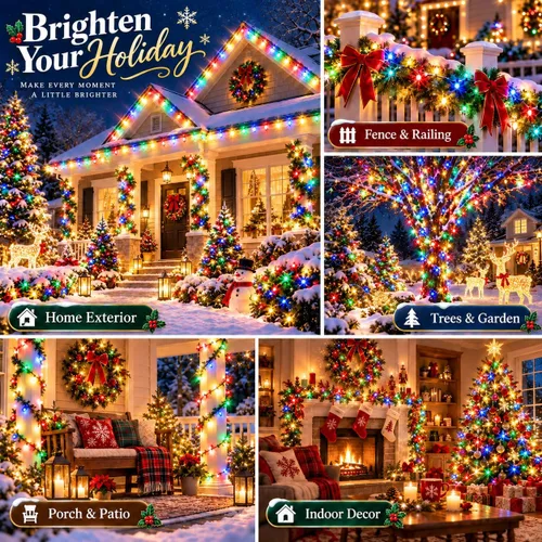 Vista 3 de Luces de cadena navideñas conectables de 240 LED de 88 pies, 13 modos, para interiores y exteriores, cable verde extensible, luces de árbol