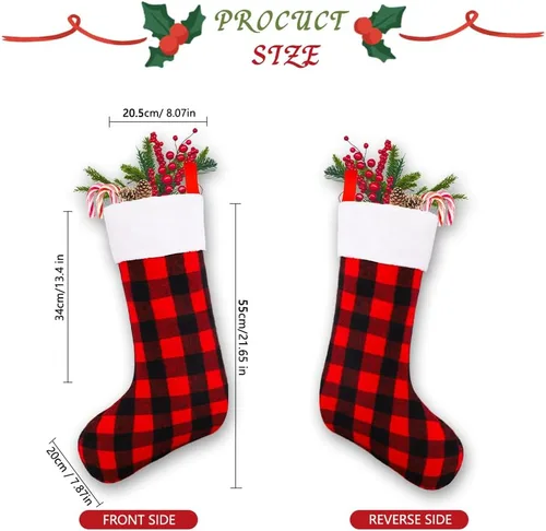 Vista 2 de YUJUN Paquete de 6 medias de Navidad de 22 pulgadas, medias grandes de Navidad a cuadros de búfalo negro y rojo, decoraciones colgantes para árbol