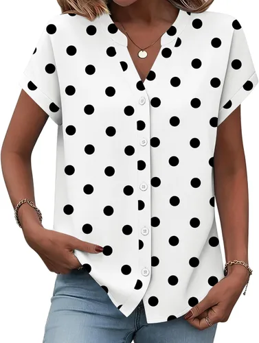 Vista 11 de Zeagoo Camisas con botones para mujer, camisetas de manga corta, cuello en V, blusas casuales de negocios
