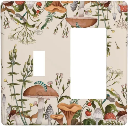 Vista 127 de Placa de Pared en Blanco de 1-Gang Sin Dispositivo Beige Lindo Vintage Boho de los 70s Hongo Fungus Planta Floral Botánica Libélula Interruptor