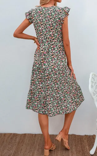 Vista 5 de Angashion Vestido de verano para mujer con cuello en V floral manga casquillo vestido midi hasta la rodilla vestido de verano