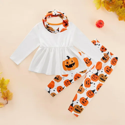 Vista 6 de Conjunto de ropa de 3 piezas de ropa de manga larga con volantes de calabaza para bebé niña pequeña con bufanda