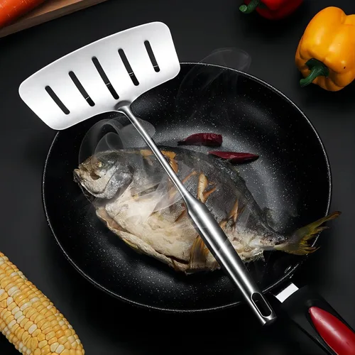 Vista 2 de GREATLINK Espátula de pescado de acero inoxidable 304, espátula ancha ranurada para carne con mango largo resistente al calor, girador de cocina