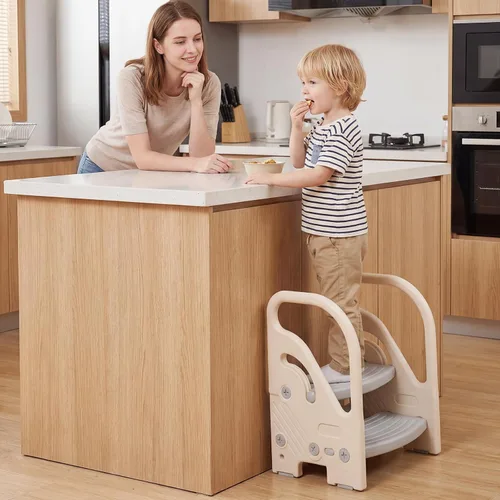 Vista 2 de Costzon Taburete auxiliar ajustable de 2 pasos para niños pequeños con asas de seguridad y almohadillas antideslizantes, escalera de plástico