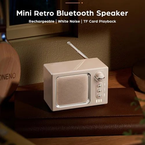 Vista 2 de Altavoz Bluetooth retro, mini altavoz Bluetooth inalámbrico portátil vintage con sonido de ruido blanco, sonido fuerte de 5 W, llamadas manos Beige