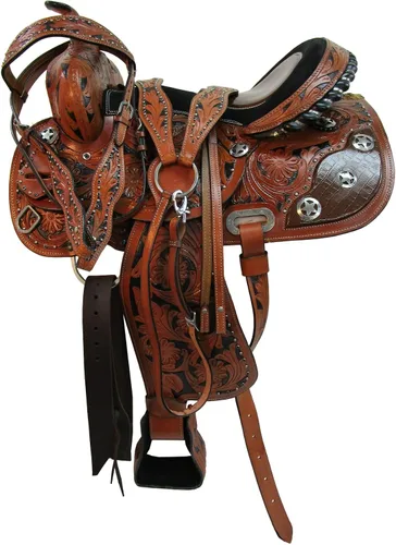 Vista 2 de Western Saddle Barril Racing Caballo Placer Floral Tooled Gator Asiento de cuero Sillines Trail Tack Set 15 16 17 18