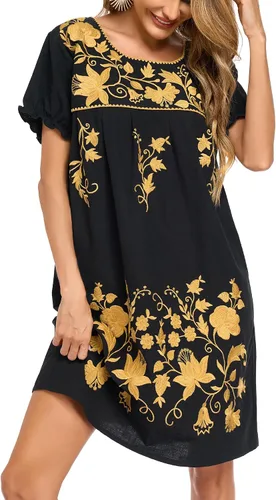 Vista 31 de YZXDORWJ Vestido bordado mexicano de manga corta para mujer 222BK