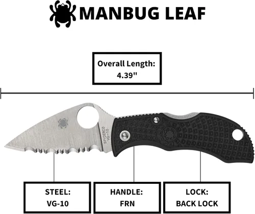 Vista 5 de Spyderco Manbug Leaf Cuchillo plegable de bolsillo con hoja de acero VG-10 de 1.9" y mango FRN - Cuchillo EDC para hombres y mujeres, perfecto