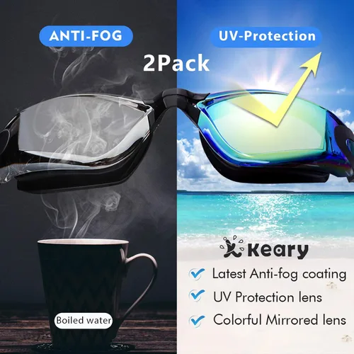 Vista 4 de Keary Paquete de 2 gafas de natación antivaho para adultos, jóvenes y niños mayores de 6 años, gafas de triatlón impermeables contra los rayos UV