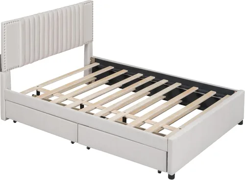 Vista 5 de MERITLINE Base de cama de tamaño matrimonial de madera con nido y cajones de almacenamiento, plataforma tapizada con cabecera y soporte de listones