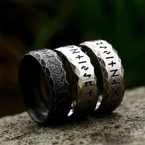 Vista 2 de Anillos vikingos de acero inoxidable con runas vikingas nórdicas nórdicas, anillo de boda para hombres y mujeres, regalos de joyería