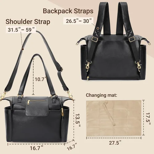 Vista 5 de Omanmoli Bolsa de pañales de cuero para pañales, mochila grande para pañales para bebé, 14 bolsas organizadoras, cambiador, correa cruzada, 4 Negro