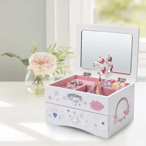 Vista 4 de Aliz - Joyero musical de unicornio para niñas, caja de madera con diseño de unicornio brillante, decoración encantadora de habitación y recuerdos