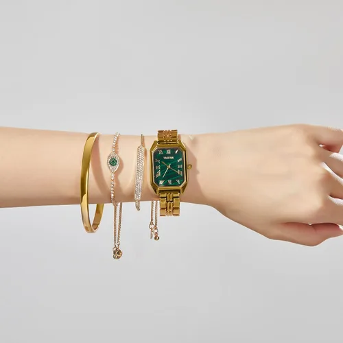 Vista 3 de TIME100 Women's Rectangle Bracelet Watch Set Premium Crystal Accented Bangle Watch W50889L Dorado