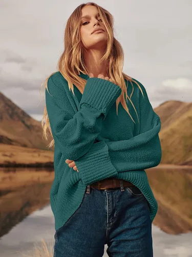 Vista 37 de LOGENE Suéter de gran tamaño para mujer, cuello redondo, manga larga, suave, mullido, suéter de punto 2025 para otoño e invierno