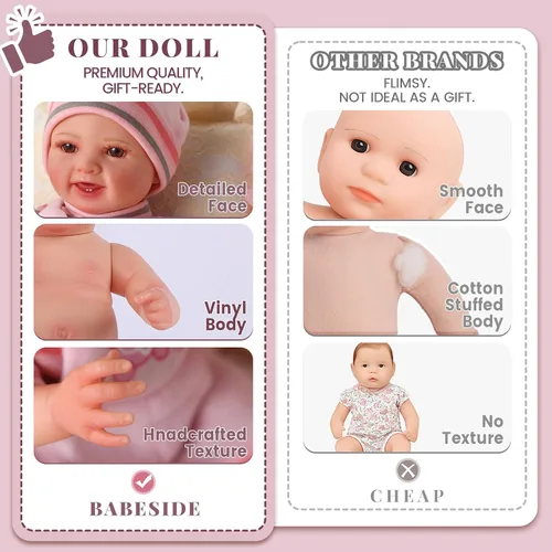 Vista 6 de BABESIDE Muñecas de bebé, muñeca realista de cuerpo completo de vinilo de para niños a partir de 3 años, detalles de la vida real, biberón mágico