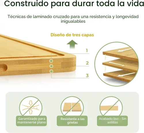 Vista 5 de Keechee Tabla de Cortar de Madera para Cocina - Juego de Regalo de 3 Tablas de Cortar Reversibles de Bambú con Ranura para Jugos, Tabla de Cortar