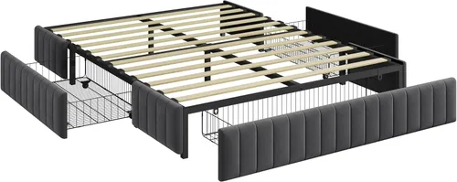 Vista 4 de Topeakmart Base de cama tapizada de tamaño matrimonial con 3 cajones, plataforma de almacenamiento con soporte de listones de madera, base