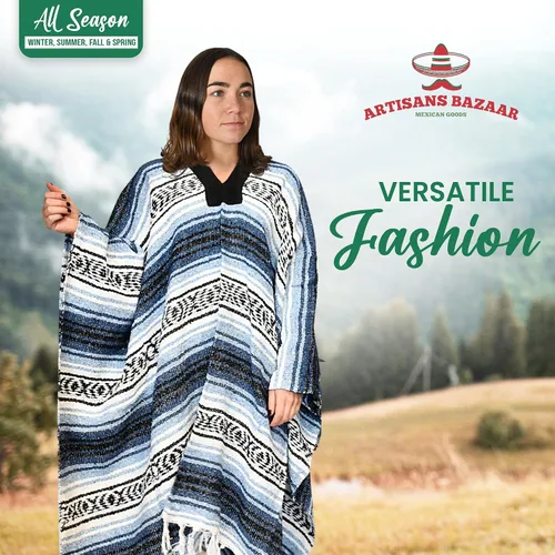 Vista 2 de Poncho mexicano Baja 100% cálido y cómodo abrigo de invierno Sarapes Mexicanos