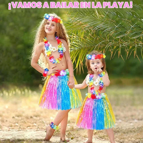 Vista 5 de Fortuning's JDS Falda hawaiana de hierba hula para niña, con flores elásticas a juego, juego de disfraz para fiesta de playa tropical Luau Azul