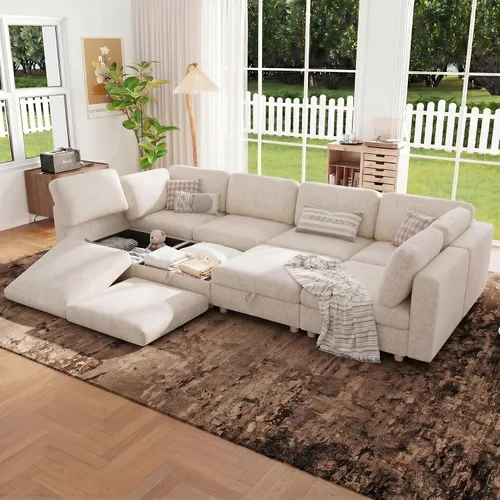 Vista 25 de 95.5" Sofá seccional modular de chenilla con almacenamiento oculto, sofá cama convertible en forma de L y U, sofá seccional moderno de 6 plazas