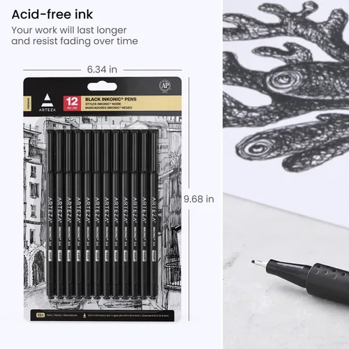Vista 6 de ARTEZA - Plumones Black Inkonic Fineliners, juego de 12, marcadores de punta fina de 0.4 mm, plumones de arte a base de agua para dibujar, hacer