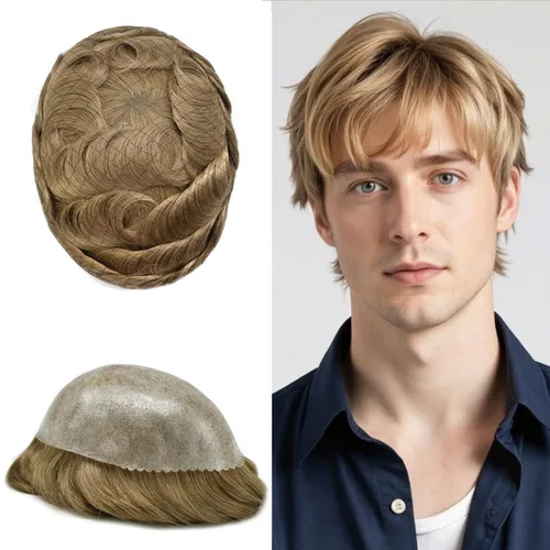 Vista 376 de Toupee para hombre 100% cabello humano real tupé para hombres 0.004 in piel de poliuretano para hombre, sistema de reemplazo de piezas de pelo