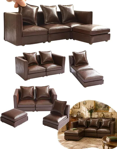 Vista 13 de iLAND Muebles de Casa de Muñecas Sofá Seccional en Miniatura para Decoración de Casa de Muñecas Compatible con Accesorios a Escala 1/12, Sofá
