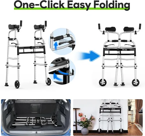 Vista 6 de Delog Andador plegable para personas mayores, andador de plataforma con ruedas de 5 pulgadas y reposabrazos acolchados extraíbles de 350 libras