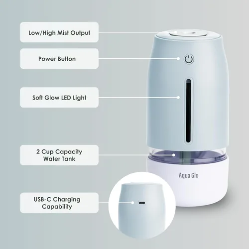 Vista 3 de Aqua Glo Humidificador personal - Niebla fría ultrasónica, batería recargable para 15 horas de uso, tanque de agua de 2 tazas, funcionamiento